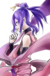 Rule 34 | 1boy, absurdres, amane nishiki, androgynous, arc system works, bare shoulders, blazblue, blazblue: chronophantasma, detached sleeves, early type, finger to mouth, highres, japanese clothes, long hair, makeup, male focus, purple eyes, purple hair, shawl, smile, solo, topknot, trap