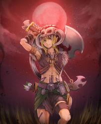 Rule 34 | 1boy, armpits, arrow (projectile), axe, barbarian set (zelda), belt, blonde hair, blue eyes, commentary request, full moon, fur-trimmed vest, fur trim, hair between eyes, hat, highres, holding, holding axe, link, long hair, looking at viewer, male focus, moon, navel, nintendo, official alternate costume, outdoors, pointy ears, red moon, shorts, skirt, skull, smile, solo, standing, tagme, tattoo, the legend of zelda, the legend of zelda: breath of the wild, vest, weapon, yutsuyutsu