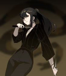 Rule 34 | 1girl, absurdres, black hair, black pants, black shirt, bracelet, closed mouth, cowboy shot, dagger, earrings, gogalking, highres, holding, holding weapon, jewelry, long hair, long sleeves, looking at viewer, original, pants, ponytail, shirt, solo, stiletto (weapon), weapon, yellow eyes