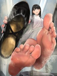 Rule 34 | 1girl, barefoot, black eyes, black hair, blush, feet, highres, londs983, long hair, looking at viewer, open mouth, pov, shoes, single shoe, sitting, soles, steam, sweat, swivel chair, teacher, toes, unworn shoes