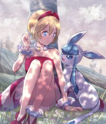 Rule 34 | 1girl, absurdres, against tree, anklet, arm support, blonde hair, blue eyes, bracelet, closed mouth, cloud, collar, collarbone, commentary request, creatures (company), day, eyelashes, flower, fuyu (utngrtn), game freak, gen 4 pokemon, glaceon, grass, hairband, hand up, highres, irida (pokemon), jewelry, neck ring, nintendo, outdoors, pokemon, pokemon (creature), pokemon legends: arceus, red footwear, red hairband, red shirt, shirt, shoes, short hair, shorts, sitting, sky, smile, strapless, strapless shirt, tree, watermark, white shorts