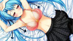 Rule 34 | 1girl, armpits, arms up, bare shoulders, bed, blue hair, blush, bra, breasts, cleavage, embarrassed, game cg, hip focus, hitotsu tobashi ren&#039;ai, large breasts, long hair, looking at viewer, lying, navel, pantyhose, red eyes, skirt, solo, sonohara aori, twintails, underwear
