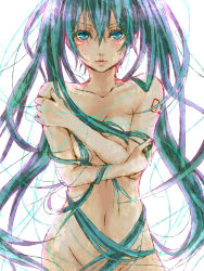 Rule 34 | 1girl, aqua eyes, aqua hair, bad id, bad pixiv id, breasts, covering privates, covering breasts, cowboy shot, hatsune miku, lma, long hair, navel, nude, nude cover, simple background, small breasts, solo, twintails, very long hair, vocaloid, white background