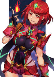 Rule 34 | 1girl, black gloves, breasts, chest jewel, earrings, fingerless gloves, gloves, headpiece, hungry clicker, jewelry, large breasts, pyra (xenoblade), red eyes, red hair, red shorts, red thighhighs, short hair, short shorts, shorts, solo, swept bangs, thighhighs, tiara, xenoblade chronicles (series), xenoblade chronicles 2