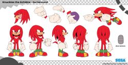 Rule 34 | 1boy, absurdres, ball, character profile, character sheet, chest markings, clenched hands, crescent, frown, gliding, gloves, highres, holding, holding ball, knuckles the echidna, laughing, multiple views, official art, pointy nose, punching, purple eyes, red footwear, red fur, sega, serious, shoes, simple background, smile, sonic (series), sonic dream team, spiked knuckles, tail, turnaround, tyson hesse, white gloves