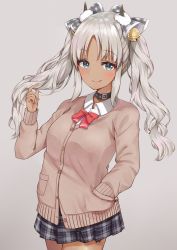 Rule 34 | 1girl, :q, bell, belt collar, black skirt, blue eyes, blush, bow, bowtie, breasts, brown cardigan, buttons, cardigan, closed mouth, collar, collared shirt, cowboy shot, dark-skinned female, dark skin, grey background, hair ornament, hand in pocket, hand up, highres, horns, jingle bell, long hair, long sleeves, looking at viewer, miniskirt, nijisanji, plaid, plaid skirt, pleated skirt, racchi., red bow, red bowtie, school uniform, shirt, sidelocks, silver hair, simple background, skirt, small breasts, smile, solo, standing, todoroki kyouko, tongue, tongue out, twintails, virtual youtuber, wavy hair, white shirt