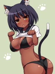 Rule 34 | 1girl, animal ears, ass, bikini, bikini under clothes, black bra, black hair, black panties, blush, bra, breasts, cat ears, cat girl, cat tail, clothes lift, dark-skinned female, dark skin, fang, female focus, green background, haniwagi (hal), large breasts, looking at viewer, md5 mismatch, open clothes, open mouth, original, panties, paw pose, paw print, shirt lift, short hair, simple background, solo, swimsuit, tail, tooth, underwear, yellow eyes