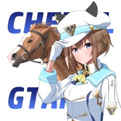 Rule 34 | 1girl, absurdres, acht augen, animal ears, ascot, blue eyes, bridle, brown hair, character name, cheval grand (racehorse), cheval grand (umamusume), commentary request, creature and personification, gloves, hair between eyes, hat, hat belt, highres, horse, horse ears, horse girl, jacket, looking at viewer, multicolored hair, partial commentary, peaked cap, simple background, streaked hair, umamusume, upper body, white background, white gloves, white hair, white headwear, white jacket, yellow ascot