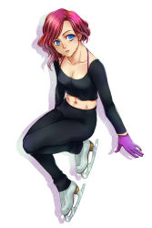 Rule 34 | 10s, 1girl, blue eyes, breasts, cleavage, gloves, highres, ice skates, marine (1894271), midriff, mila babicheva, navel, parted lips, pink gloves, red hair, sitting, skates, sweat, yuri!!! on ice