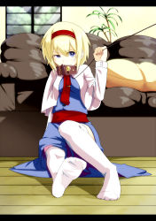 Rule 34 | 1girl, alice margatroid, bad id, bad pixiv id, blonde hair, blue eyes, capelet, collar, couch, feet, female focus, foreshortening, hairband, highres, konro, leash, letterboxed, on floor, shamo (koumakantv), shanghai doll, sitting, solo, thighhighs, touhou, uneven eyes, white thighhighs
