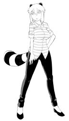 Rule 34 | 1girl, animal ears, araiguma-san, breasts, casual, expressionless, flats, full body, greyscale, large breasts, monochrome, original, pants, raccoon ears, raccoon tail, short hair, sleeves rolled up, solo, striped, tail, tsukudani (coke-buta)