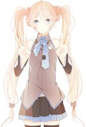 Rule 34 | 1girl, :|, alternate costume, bare shoulders, black skirt, black sleeves, blonde hair, blue eyes, blue necktie, breasts, closed mouth, cowboy shot, detached sleeves, double v, expressionless, grey shirt, hair between eyes, highres, ia (vocaloid), long hair, looking at viewer, necktie, pleated skirt, prin dog, shirt, simple background, skirt, sleeveless, sleeveless shirt, small breasts, solo, standing, straight-on, thighhighs, twintails, v, vocaloid, white background, zettai ryouiki