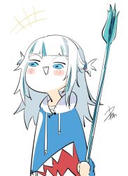 Rule 34 | blue eyes, blue hair, blue sclera, blunt bangs, blush stickers, colored sclera, commentary request, debbie (user uapu3455), gawr gura, hair ornament, highres, holding trident, hololive, hololive english, hood, hoodie, long hair, multicolored hair, polearm, shark hair ornament, shark print, sharp teeth, signature, simple background, teeth, triangle mouth, trident, two-tone hair, two side up, virtual youtuber, weapon, white background, white hair