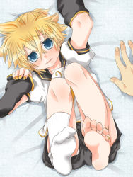 Rule 34 | barefoot, bed, blonde hair, blue eyes, detached sleeves, feet, foot focus, from above, kagamine len, lying, male focus, nail polish, short hair, shorts, socks, soles, toes, vocaloid, white legwear, you gonna get raped