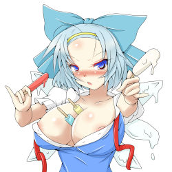 Rule 34 | 1girl, aged up, alternate breast size, areola slip, between breasts, blue eyes, blue hair, blush, body blush, bow, breasts, cirno, cleavage, facial mark, food, forehead mark, giving, hair bow, hairband, highres, himenomikan, huge breasts, large breasts, matching hair/eyes, melting, mundane utility, necktie, nipple slip, nipples, no bra, nose blush, open clothes, open shirt, phantasmagoria of flower view, popsicle, religious offering, shiny skin, shirt, simple background, solo, touhou, undone, undone necktie, upper body, white background, wings