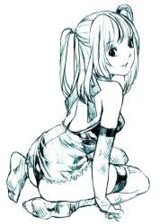 Rule 34 | 00s, 1girl, amane misa, death note, feet, from behind, goth fashion, kneeling, looking back, monochrome, nekomata naomi, nekomataya, panties, simple background, sketch, solo, thighhighs, thong, twintails, two side up, underwear