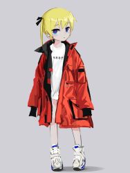 Rule 34 | 1girl, absurdres, bad id, bad twitter id, blonde hair, closed mouth, full body, gishiki (gshk), grey background, highres, jacket, kill me baby, long hair, long sleeves, looking at viewer, purple eyes, red jacket, shirt, shoes, simple background, sleeves past fingers, sleeves past wrists, solo, sonya (kill me baby), standing, twintails, white footwear, white shirt
