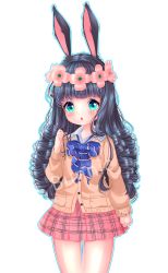 Rule 34 | 1girl, absurdres, animal ears, bad id, bad pixiv id, black hair, bow, bowtie, brown cardigan, cardigan, clenched hand, curly hair, elin, flower, green eyes, hair flower, hair ornament, head wreath, highres, holding, holding own hair, lips, long hair, open mouth, plaid, plaid skirt, rabbit ears, red skirt, school uniform, shirt, skirt, solo, symbol-shaped pupils, tera online, watermark, white shirt