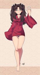 Rule 34 | 1girl, absurdres, animal ears, bare legs, barefoot, bead necklace, beads, black hair, claws, dog ears, dress, fang, fate/stay night, fate (series), feet, green eyes, highres, inuyasha, jewelry, long hair, looking at viewer, necklace, red robe, robe, smile, smug, solo, soul art12, thighs, tohsaka rin, twintails