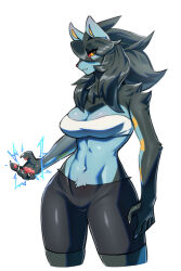 Rule 34 | 1girl, animal ears, animal hands, animal nose, arm at side, azuuart, bandeau, bare shoulders, bike shorts, black fur, black hair, blue fur, body fur, breasts, claws, cleavage, colored sclera, cowboy shot, creatures (company), cropped legs, electricity, electrokinesis, female focus, furry, furry female, game freak, gen 4 pokemon, highres, large breasts, long hair, looking at viewer, luxray, midriff, navel, nintendo, parted lips, pawpads, personification, pokemon, pokemon (creature), red sclera, shiny skin, sidelocks, sideways mouth, simple background, solo, stomach, teeth, toned, two-tone fur, white background, white bandeau, yellow eyes