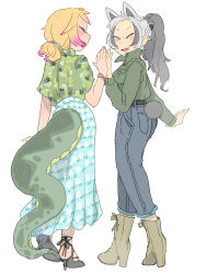 Rule 34 | 2girls, african rock python (kemono friends), alternate costume, animal ears, bad id, bad pixiv id, bear ears, bear tail, blonde hair, blouse, blush, boots, casual, collared shirt, contemporary, denim, closed eyes, ezo brown bear (kemono friends), facing another, fang, fingernails, full body, grey hair, hair ornament, hair scrunchie, hand up, high heels, high ponytail, highres, holding hands, igarashi (nogiheta), jeans, kemono friends, long skirt, long sleeves, looking at viewer, medium hair, multicolored hair, multiple girls, nail polish, open mouth, outstretched arm, pants, pink hair, pink nails, pocket, ponytail, scrunchie, shirt, simple background, skirt, smile, snake tail, tail, tail through clothes, two-tone hair, walking, white background