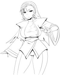 Rule 34 | 1girl, bad id, bad pixiv id, bangle, bracelet, breasts, curvy, female focus, fringe trim, greyscale, hair slicked back, hairband, hip focus, jewelry, kagura chizuru, large breasts, lineart, long hair, monochrome, okyou, snk, solo, the king of fighters, wide hips, wide sleeves