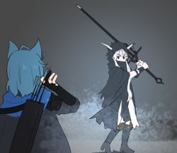 Rule 34 | 2girls, ahoge, animal ears, arknights, arrow (projectile), baseball, black footwear, black robe, blue hair, boots, cat ears, covered mouth, drawing arrow, grey background, hood, hood up, hooded robe, horns, horns through headwear, knee boots, knee pads, kumamoto aichi, monique (arknights), multiple girls, quiver, robe, shadow, shining (arknights), short hair, silver hair, simple background, standing, sword, v-shaped eyebrows, weapon