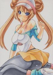 Rule 34 | 10s, 1girl, black pantyhose, blue eyes, blush, breasts, brown hair, cleavage, creatures (company), frown, game freak, hair bun, large breasts, long hair, mechanical pencil, millipen (medium), nintendo, pants, pantyhose, pantyhose under shorts, pencil, pokemon, pokemon bw2, rosa (pokemon), shoes, shorts, simple background, sitting, skirt, slit pupils, sneakers, solo, traditional media, twintails, uneven eyes, visor cap, wariza, white background, yutakasan-love