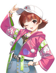 Rule 34 | 1girl, absurdres, baseball cap, bracelet, brown eyes, brown hair, commentary request, denim dress, hat, highres, idolmaster, idolmaster million live!, idolmaster million live! theater days, jacket, jewelry, looking at viewer, mikapoe, necklace, nonohara akane, one eye closed, open mouth, pink jacket, short hair, solo, white background, white hat, wristband
