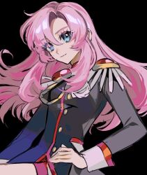 Rule 34 | 1girl, aiguillette, black background, black jacket, blue eyes, breasts, closed mouth, epaulettes, hair between eyes, hand on own hip, highres, jacket, long hair, long sleeves, looking at viewer, nima (nimamann), pink hair, red shorts, shorts, shoujo kakumei utena, simple background, small breasts, smile, solo, tenjou utena