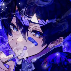 Rule 34 | 1boy, absurdres, bandaid, bandaid on face, black hair, black jacket, blue background, blue eyes, cigarette, close-up, crying, crying with eyes open, ear piercing, highres, jacket, looking at viewer, mouth piercing, neon palette, nose, original, parted lips, piercing, sad, shirt, short hair, smoke, solo, teardrop, tearing up, tears, thick eyebrows, thick eyelashes, vvpxo, white shirt