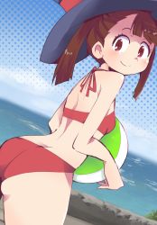 Rule 34 | 1girl, ass, beach, bikini, blush, breasts, brown hair, day, hat, hys-d, kagari atsuko, little witch academia, looking at viewer, looking back, red bikini, red eyes, small breasts, smile, solo, swimsuit, twintails, witch hat