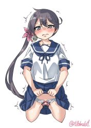 Rule 34 | 10s, 1girl, akebono (kancolle), bad id, bad twitter id, bar censor, bell, black panties, blue skirt, blush, bow, bow panties, censored, clothes lift, collarbone, cowboy shot, cropped legs, crotchless, crotchless panties, ebifurya, embarrassed, flower, groin, hair bell, hair between eyes, hair flower, hair ornament, highres, inactive account, kantai collection, lifting own clothes, long hair, looking at viewer, panties, pink bow, pink flower, pleated skirt, purple eyes, purple hair, pussy, pussy peek, school uniform, serafuku, short sleeves, side ponytail, simple background, skirt, skirt lift, solo, tears, trembling, twitter username, underwear, very long hair, white background