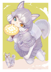 Rule 34 | 1girl, action, animal ears, blue eyes, commentary request, dog, dog (mixed breed) (kemono friends), dog ears, dog girl, dog tail, don3, elbow gloves, extra ears, fang, frisbee, fur trim, gloves, grey fur, grey jacket, grey skirt, harness, heterochromia, jacket, japari symbol, jumping, kemono friends, midair, pantyhose, pleated skirt, short sleeves, skirt, solo, tail, teeth, vest, white gloves, white pantyhose, white vest, yellow eyes