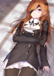 Rule 34 | 1girl, black jacket, black ribbon, blue eyes, brown hair, brown pantyhose, buttons, closed mouth, collared shirt, expressionless, eyepatch, fate/grand order, fate (series), from above, highres, jacket, long hair, long sleeves, looking at viewer, lying, neck ribbon, on back, ophelia phamrsolone, pantyhose, reuri (tjux4555), ribbon, shirt, sidelocks, sleeves past wrists, solo, thigh gap, white shirt, window shadow