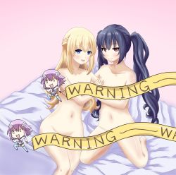 Rule 34 | 2girls, bed, black hair, blonde hair, blue eyes, blush, braid, grabbing another&#039;s breast, breasts, censored, female focus, grabbing, hand on another&#039;s chest, kneeling, long hair, looking at viewer, medium breasts, multiple girls, navel, neptune (series), noire (neptunia), nude, open mouth, red eyes, sitting, smile, twintails, vert (neptunia), yuri