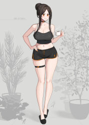 Rule 34 | 1girl, bare arms, bare shoulders, black footwear, black hair, black shorts, blush, breasts, cleavage, closed mouth, collarbone, commentary, cup, full body, hair bun, hand on own hip, hayabusa (vert 320), highres, holding, holding cup, large breasts, long hair, navel, orange eyes, original, short shorts, shorts, sidelocks, slippers, smile, solo, standing, symbol-only commentary, thigh strap, thighs
