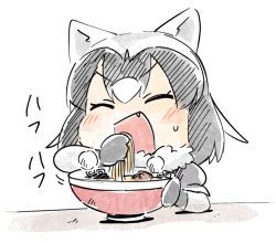 Rule 34 | 1girl, ^ ^, ai drawing anime characters eating ramen (meme), animal ears, black gloves, black hair, blush, blush stickers, bowl, closed eyes, common raccoon (kemono friends), eating, elbow rest, facing viewer, fang, food, fur collar, gloves, grey hair, hand up, happy, hatching (texture), heavy breathing, holding, holding food, kemono friends, linear hatching, meandros, meme, motion lines, multicolored hair, no nose, noodles, open mouth, panzuban, raccoon ears, ramen, short hair, simple background, smile, solo, steam, sweat, table, upper body, v-shaped eyebrows, white background