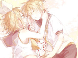 Rule 34 | 1boy, 1girl, blonde hair, blue eyes, bow, brother and sister, earphones, closed eyes, hair bow, hair ornament, hairclip, highres, kagamine len, kagamine rin, looking at another, lying, on side, sailor collar, sharing, short hair, siblings, simple background, sleeping, sleeveless, smile, suzumi (fallxalice), twins, vocaloid
