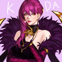 Rule 34 | 1girl, absurdres, bare shoulders, breasts, claws, earrings, evelynn (league of legends), fur trim, hair ornament, half-closed eyes, highres, jewelry, k/da (league of legends), k/da evelynn, league of legends, lipstick, makeup, mascara, necklace, on (isk1812), purple hair, red lips, sleeveless, solo, yellow eyes