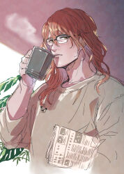Rule 34 | 1boy, animal print, bear print, bespectacled, brown background, brown hair, brown shirt, carrying, carrying under arm, coffee mug, cup, double-parted bangs, drinking, glasses, granblue fantasy, hair between eyes, hair over shoulder, holding, holding cup, long hair, looking at viewer, male focus, mug, newspaper, panda print, parted lips, plant, satuko8, shirt, siegfried (granblue fantasy), sleeves rolled up, solo, steam, two-tone background, white background, yellow eyes