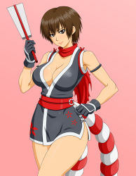 Rule 34 | 1girl, alternate hairstyle, breasts, brown eyes, brown hair, cleavage, fatal fury, female focus, highres, kof: maximum impact, large breasts, shiranui mai, short hair, snk, solo, the king of fighters, very short hair