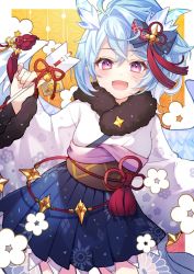 Rule 34 | 1girl, blue hair, blush, dragon girl, dragon horns, highres, horns, japanese clothes, kimono, looking at viewer, open mouth, princess connect!, purple eyes, shefi (princess connect!), skirt, toramaru (toramal9831)