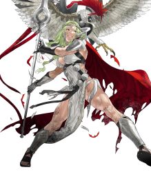 Rule 34 | 1girl, animal, armor, bird, breasts, cape, circlet, claws, cleavage, clenched teeth, dress, female focus, fire emblem, fire emblem heroes, full body, gauntlets, green hair, highres, holding, holding polearm, holding spear, holding weapon, jewelry, kozaki yuusuke, long hair, looking away, medium breasts, mole, mole under eye, muscular, muscular female, nintendo, nott (fire emblem), official art, parted bangs, parted lips, polearm, shoulder armor, sleeveless, sleeveless dress, solo, spear, teeth, toeless footwear, toes, torn cape, torn clothes, transparent background, weapon, white dress