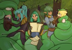 Rule 34 | 5girls, armor, blonde hair, brown eyes, conjoined, green eyes, green hair, heterochromia, highres, hood, hypnosis, lamia, long tongue, mind control, monster girl, multiple girls, pointy ears, ponytail, tongue