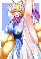 Rule 34 | 1girl, :d, animal ears, blonde hair, blue background, blush, breasts, dress, fang, feet out of frame, fox ears, fox tail, frills, highres, holding leg, large breasts, looking at viewer, multiple tails, no headwear, no headwear, open mouth, see-through, simple background, smile, solo, split, standing, standing on one leg, standing split, sweatdrop, tabard, tail, touhou, white dress, wildcat (kusonemi), yakumo ran, yellow eyes