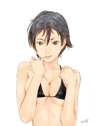Rule 34 | 1girl, 3tohei, :p, bare shoulders, bikini, black bikini, breasts squeezed together, breasts, cleavage, collarbone, grey eyes, original, short hair, silver hair, solo, swimsuit, tongue, tongue out, underboob