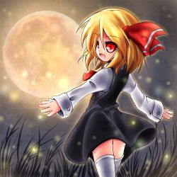 Rule 34 | 1girl, ascot, baku-p, blonde hair, dress shirt, female focus, full moon, hair ribbon, moon, open mouth, outstretched arms, red eyes, ribbon, rumia, shirt, short hair, skirt, skirt set, smile, solo, thighhighs, touhou, white thighhighs
