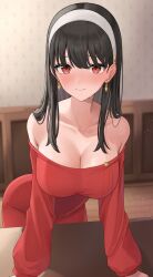 1girl absurdres black_hair blurry blurry_background blush breasts cleavage closed_mouth collarbone commission earrings hair_over_shoulder hairband highres honome_sui indoors jewelry large_breasts long_hair long_sleeves looking_at_viewer off-shoulder_sweater off_shoulder pixiv_commission red_sweater solo spy_x_family sweater white_hairband yor_briar