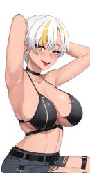 Rule 34 | 1girl, arms behind head, belt, bikini, bikini top only, black belt, black bikini, black choker, blonde hair, breasts, breasts day, choker, cleavage, collarbone, good breasts day, grey shorts, highres, kuon bb, large breasts, luvdia, multicolored hair, navel piercing, o-ring, o-ring bikini, o-ring thigh strap, park dona, piercing, short hair, shorts, solo, streaked hair, swimsuit, tan, thigh strap, tongue, tongue piercing, virtual youtuber, white hair, yellow eyes